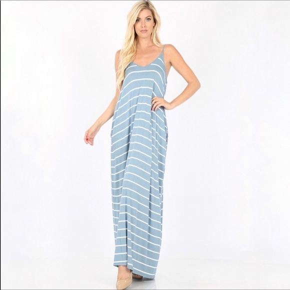Dresses & Skirts - Blue-Gray Striped Pocket Maxi Dress